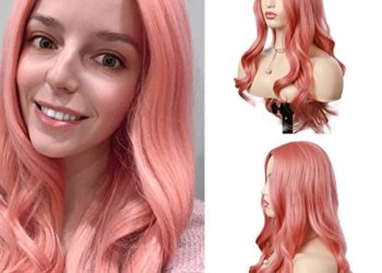 Long Wavy Synthetic Wigs with Bangs for Women, Curly Natural Looking Heat Resistant Fiber Hair for Girl, Colorful Costume Wigs for Daily Cosplay Wear… (24-pink)
