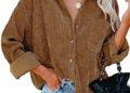 Astylish Womens Corduroy Shirts Casual Long Sleeve Button Down Blouses Tops